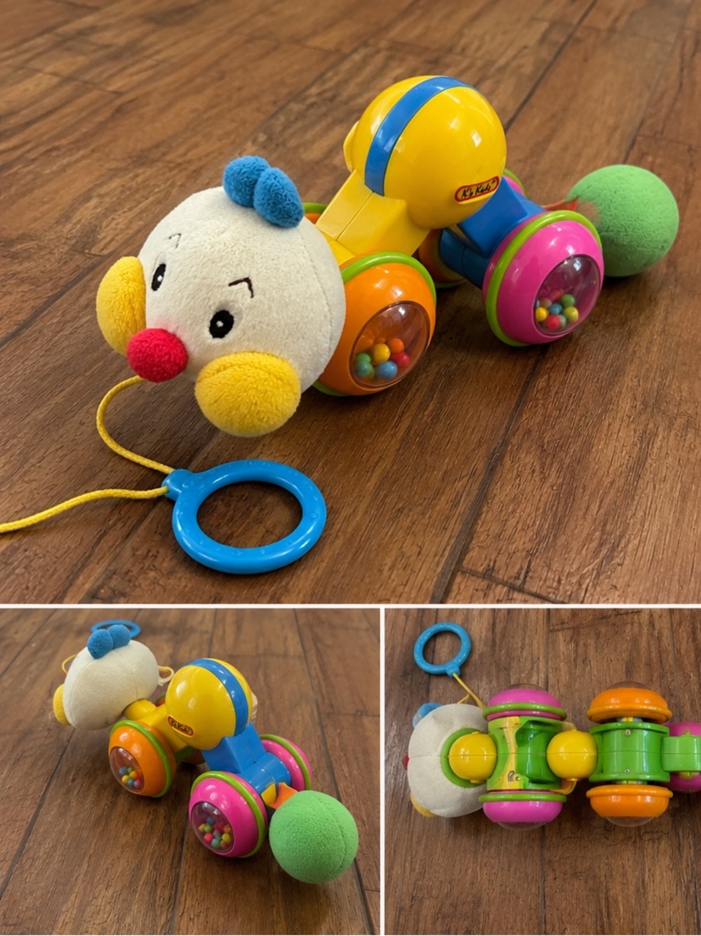 Colorful Pull-Along Clown Toy Plush Head - Yellow, Green, Blue, Pink